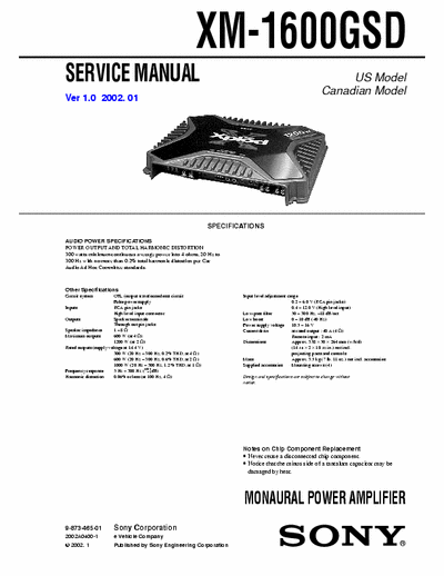 SONY XM-1600GSD Service Manual MONAURAL POWER AMPLIFIER
